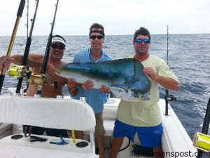 Beecher and Joel Smith and Phillip Moye, of Goldsboro, NC, with a bull dolphin that struck a ballyhoo while they were trolling offshore of Beaufort Inlet.