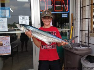 Brayden Linebarger (age 12), of Raleigh, NC, with a citation 6.58 lb. spanish mackerel that he hooked on a live menhaden at Lighthouse Rocks while fishing with his grandparents on the "Whatever."