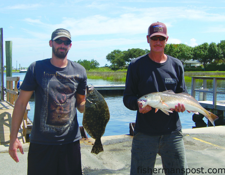 Brian McCloskey and Butch Davis–team “I’d Hit It”–with the flounder and winning 7.45 lb. red drum they weighed in at the Carolina Beach Inshore Challenge. Both bit mullet near a grass bank at Wrightsville Beach.