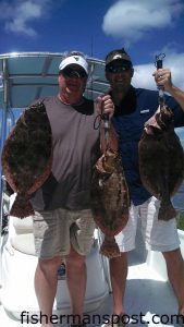 Ryan and Andy Zelaski, of VA and NY, with 5.2, 5.4, and 6.13 lb. flounder they hooked while fishing near Carolina Beach with Capt. Robert Schoonmaker of Carolina Explorer Charters.