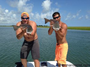 Gage Gattone, of Rocky Point, NC, and Kris Erickson, of Castle Hayne, with the results of a double redfish hookup they found behind Topsail Island. The 25 and 27" reds fell for live baits.