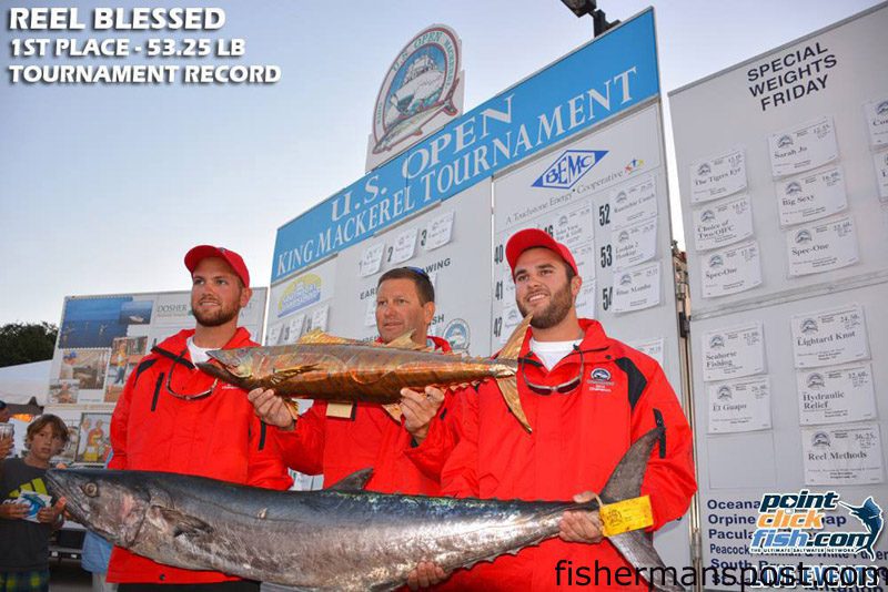 The “Reel Blessed” crew and the tournament record 53.25 lb. king mackerel that earned them the event’s guaranteed $25,000 first place prize. Kevin and Jordan Norris and Curtis Trexel landed the monster mackerel after it fell for a live menhaden in 30′ of water off Topsail Island.