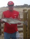 Bob Lambert, Sr., of Grandy, NC, with a 25" puppy drum that bit a Fish Bite sand flea of Outer Banks Pier.