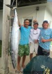 Roman Laibida, Steve Bohannon, and Tony Hall with a 70 lb. wahoo that attacked a skirted ballyhoo northeast of the Big Rock while they were trolling with Bruce Lee on the "Odessa." Weighed in at Harkers Island Fishing Center.