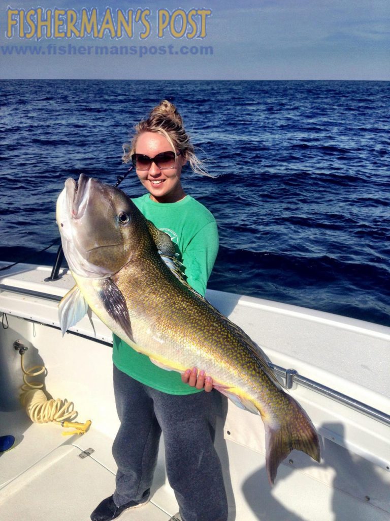 Katelyn Kincer with her first golden tilefish, hooked 90 miles off Shallotte Inlet while she was fishing with Capts. Brant and Barrett McMullan of the Ocean Isle Fishing Center.