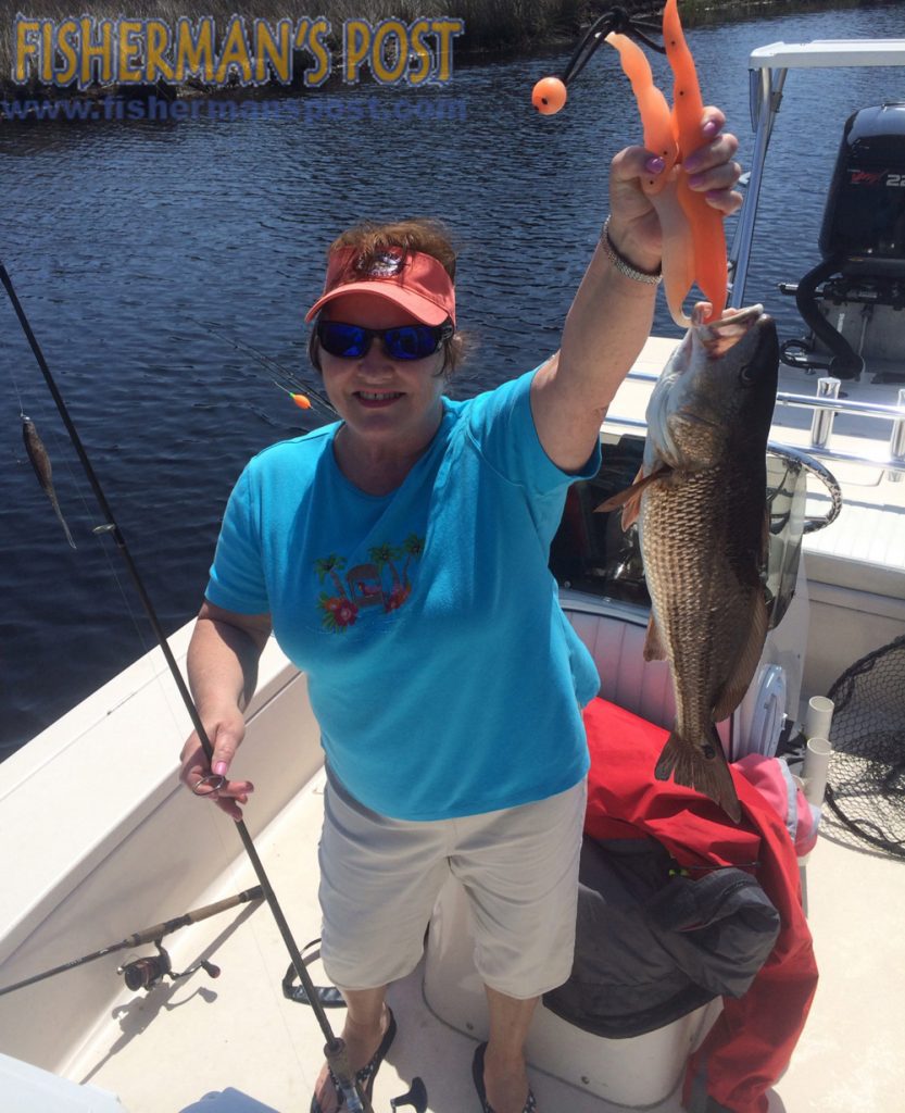 Kathy Loving with a 22" red drum that bit a Zoom Super Fluke on a White Oak River mudflat while she was fishing with Capt. Johnathan Garrett of On Point Charters.