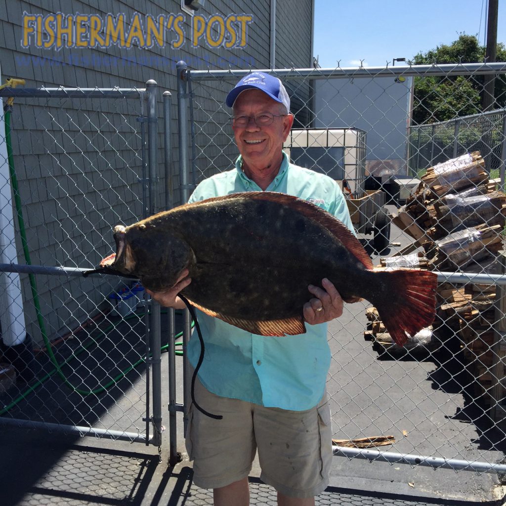 Eric Vann, of Kure Beach, NC, with a 12.8 lb. flounder he hooked in Carolina Beach Inlet after it struck a live menhaden. Weighed in at Island Tackle and Hardware.