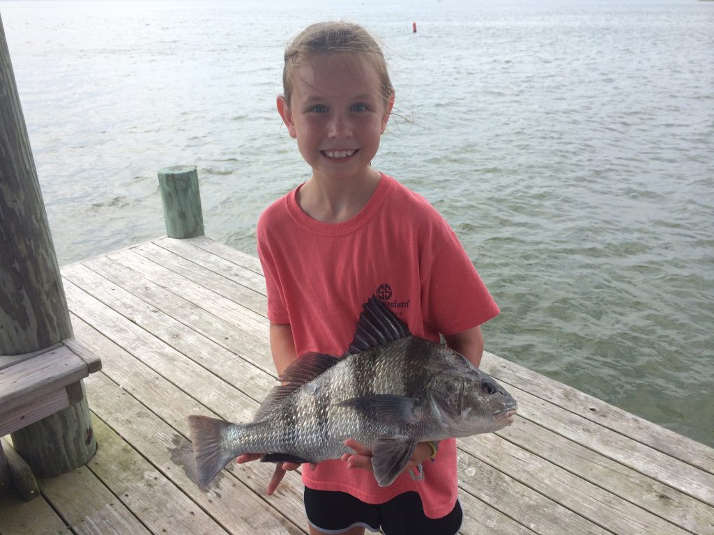 Mary Kimbrell Livermon (age 10), of Rocky Mount, NC, with a 20" black drum that she hooked on shrimp off an Atlantic Beach dock.