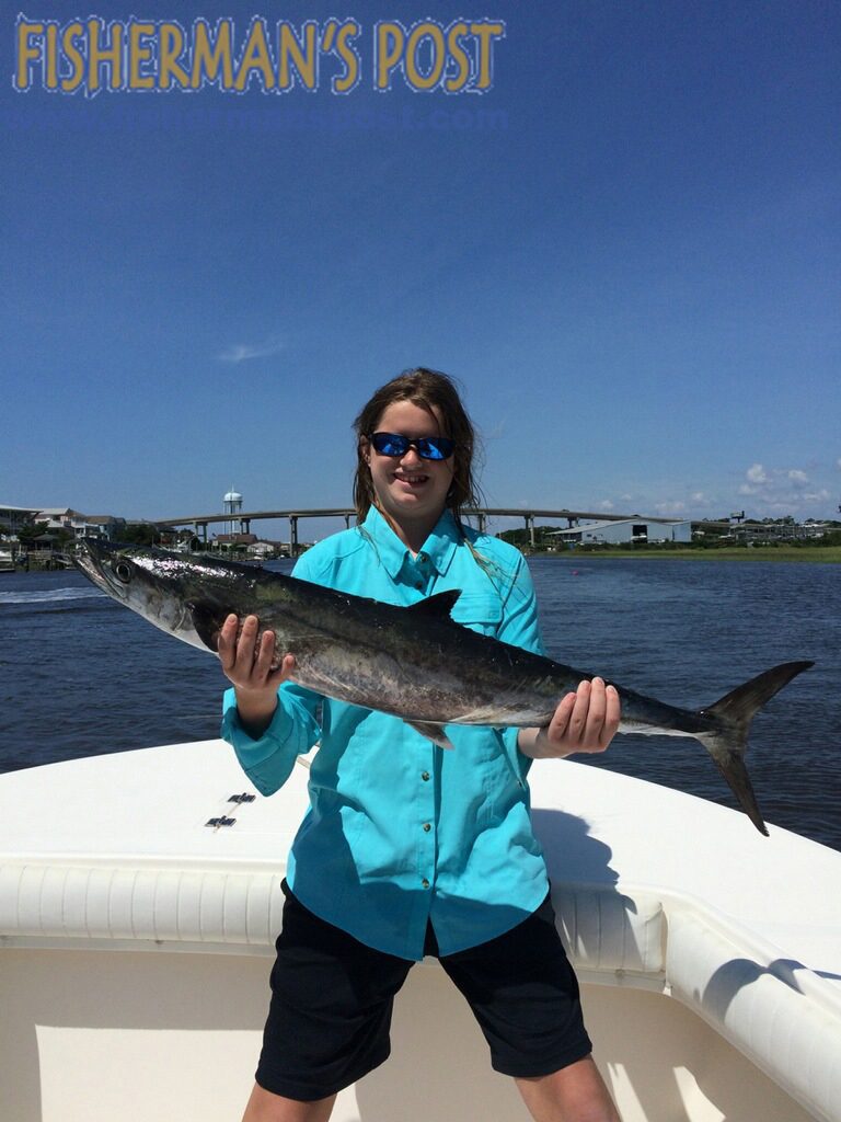 Ashton Fields (age 11) with her first king mackerel, a 15 lb. fish that struck a dead cigar minnow in 32' of water off Oak Island.