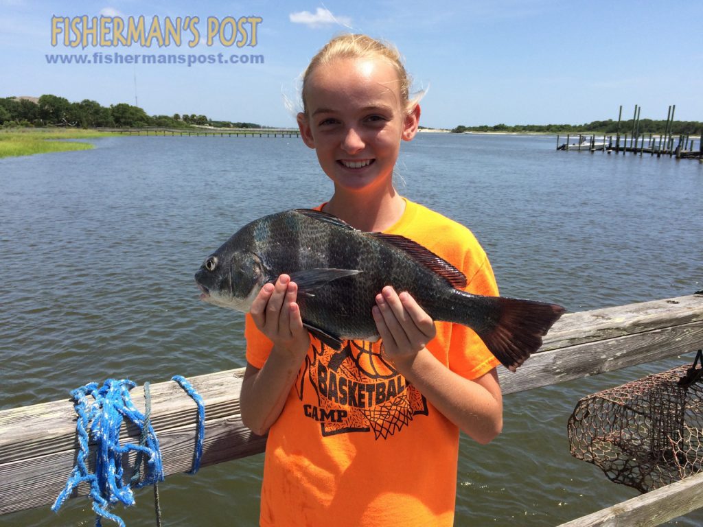 Isabelle Hogan, of Ft. Wayne, IN, with a 4 lb., 3 oz. black drum that she landed after it struck shrimp off an ICW dock near Carolina Beach Inlet.