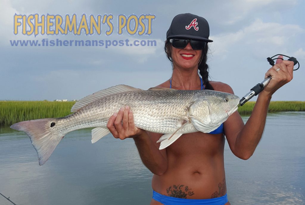 Tracey Watts with a red drum that she hooked on a live finger mullet near Sunset Beach while fishing with her husband.