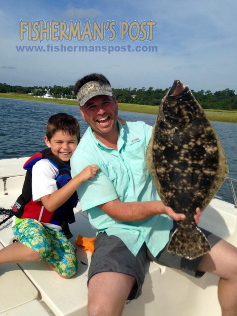 Tucker (age 6) and Bryan Ray with a 9 lb., 3 oz., 28" flounder that Tucker landed after it attacked a Carolina-rigged finger mullet in the ICW behind Masonboro Island. Weighed in at Intracoastal Angler.