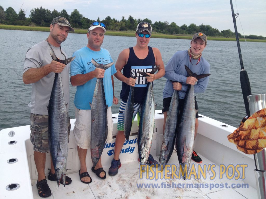 Tom Staab, Joey Sullivan, Justin Staab, and Charlie High with a haul of wahoo weighing 30-55 lbs. that struck ballyhoo and skirted trolling lures in the Gulf Stream off Wrightsville Beach while they were fishing with Capt. Rick Croson of Living Waters Guide Service.