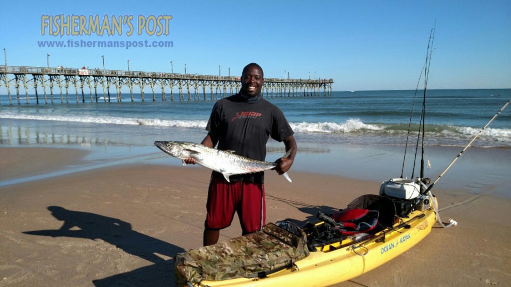 Carl Banks with an 18 lb. king mackerel that fell for a live bluefish while he was kayak fishing just off the Topsail Island shoreline.