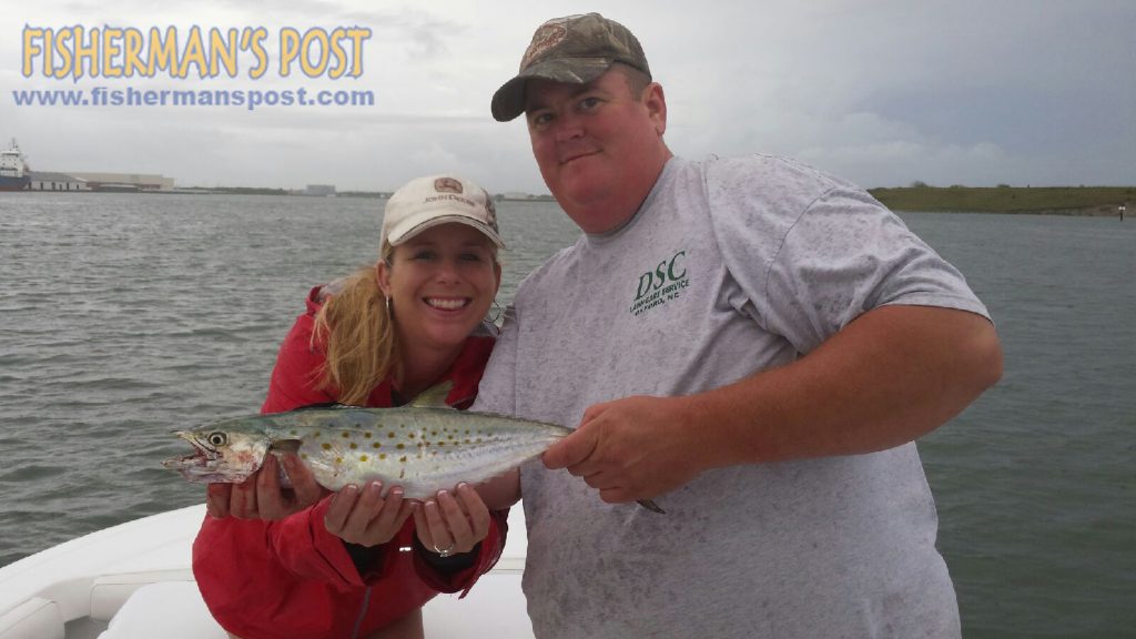 Ravin and David Currin with a spanish mackerel that struck a metal casting lure near Beaufort Inlet while they were fishing with Capt. Chris Kimrey of Mount Maker Charters.