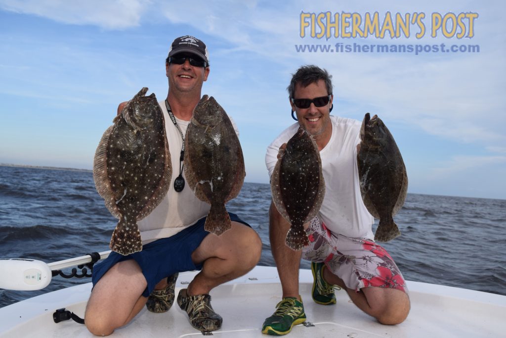 Capt. Justin Ragsdale (left), of Breakday Charters out of Atlantic Beach, and Fisherman's Post Publisher Gary Hurley with some of the keepr flounder caught at AR-315 using both live mullet and Breakday Bucktails.