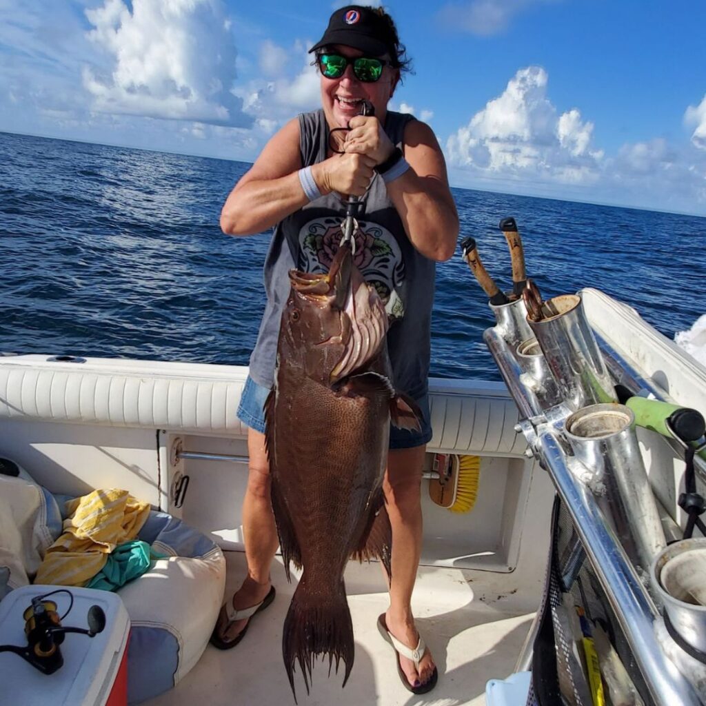 Anita Cantelmo, of Conway, SC, hooked this 26 lb. scamp offshore of Little River in 100' of water using a live pinfish. She was fishing with Capt. Bevan Hunter of Chilly Water Fishing Charters.