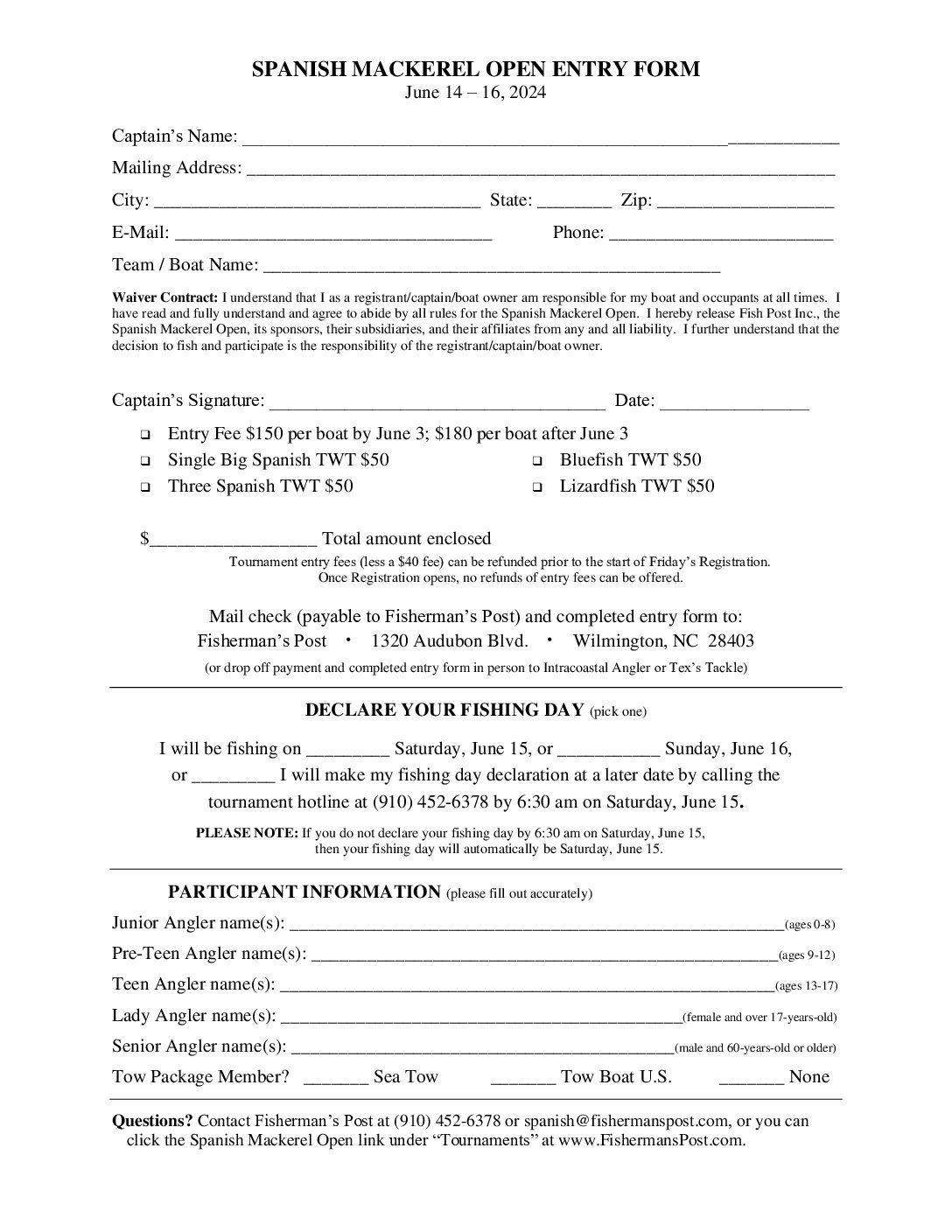 2024 Spanish Mackerel Open Print Entry Form