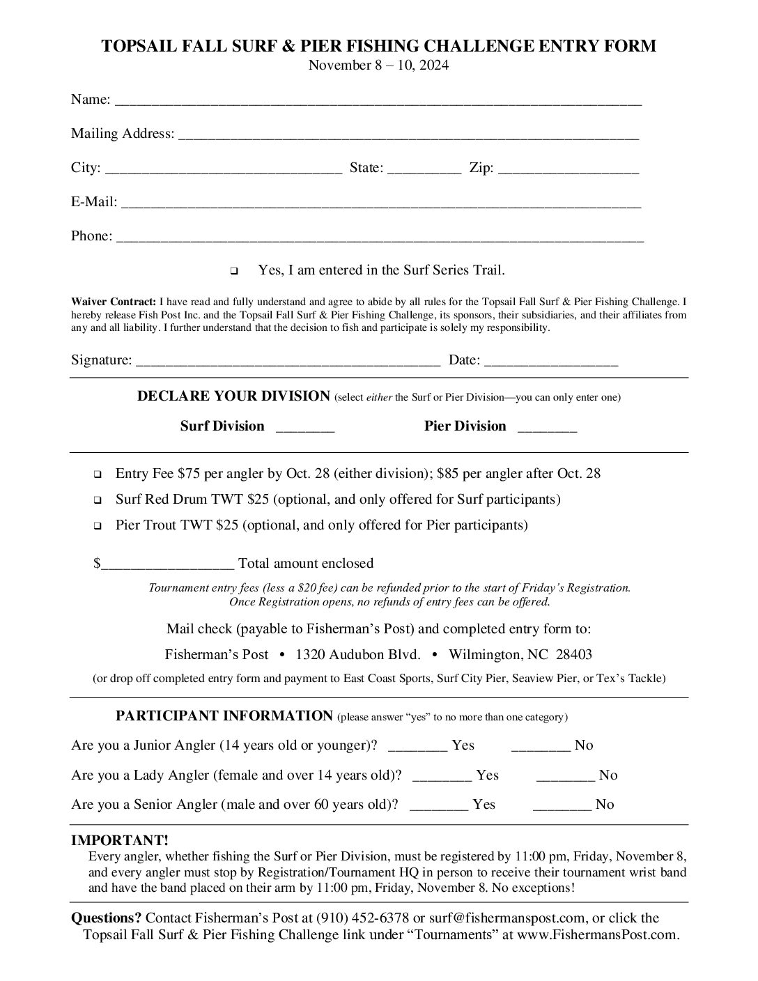2024 Topsail Fall Surf & Pier Print Entry Form