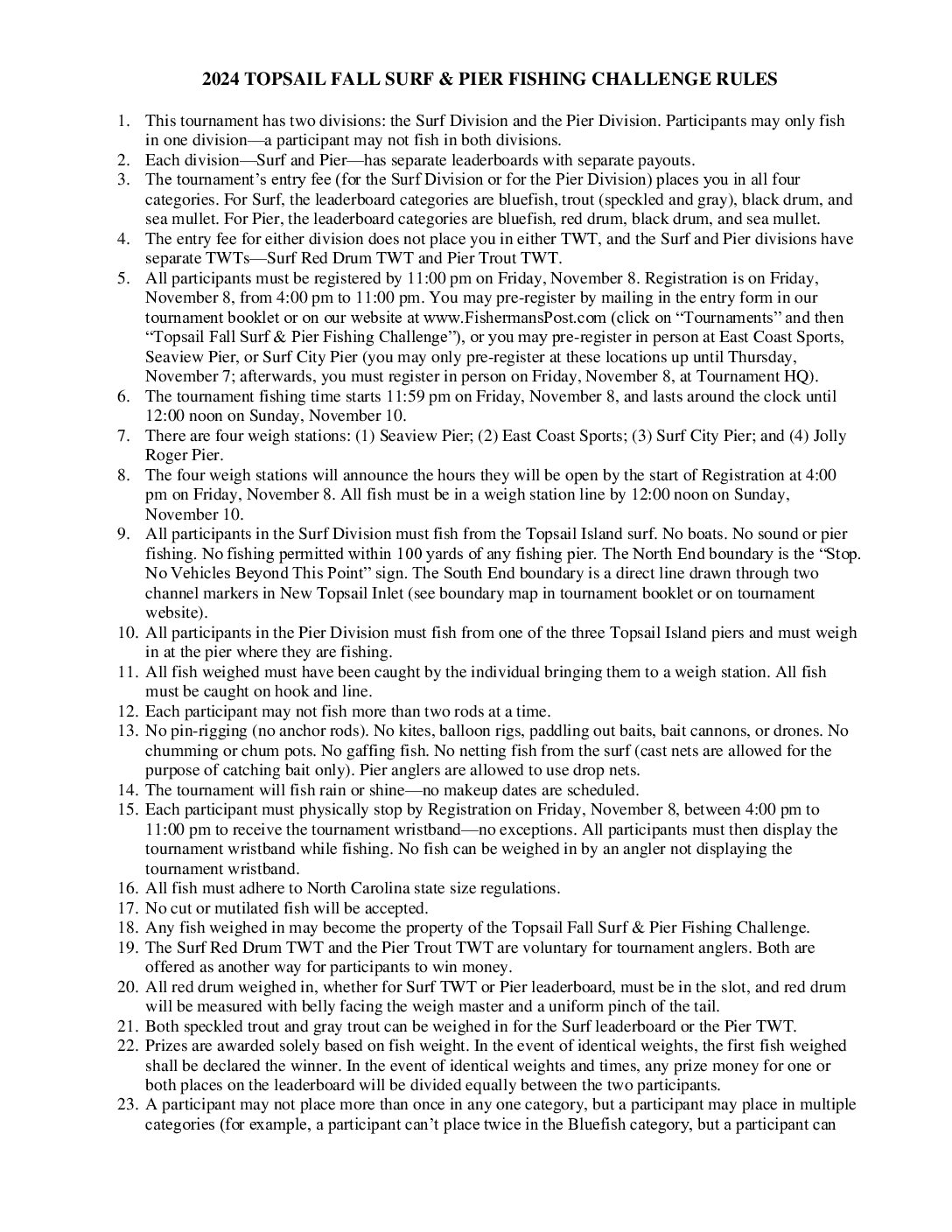 2024 Topsail Fall Surf & Pier Rules