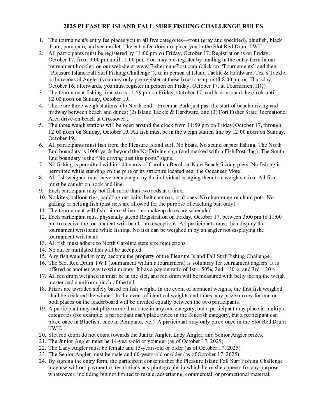 2025 Pleasure Island Fall Surf Fishing Challenge Rules