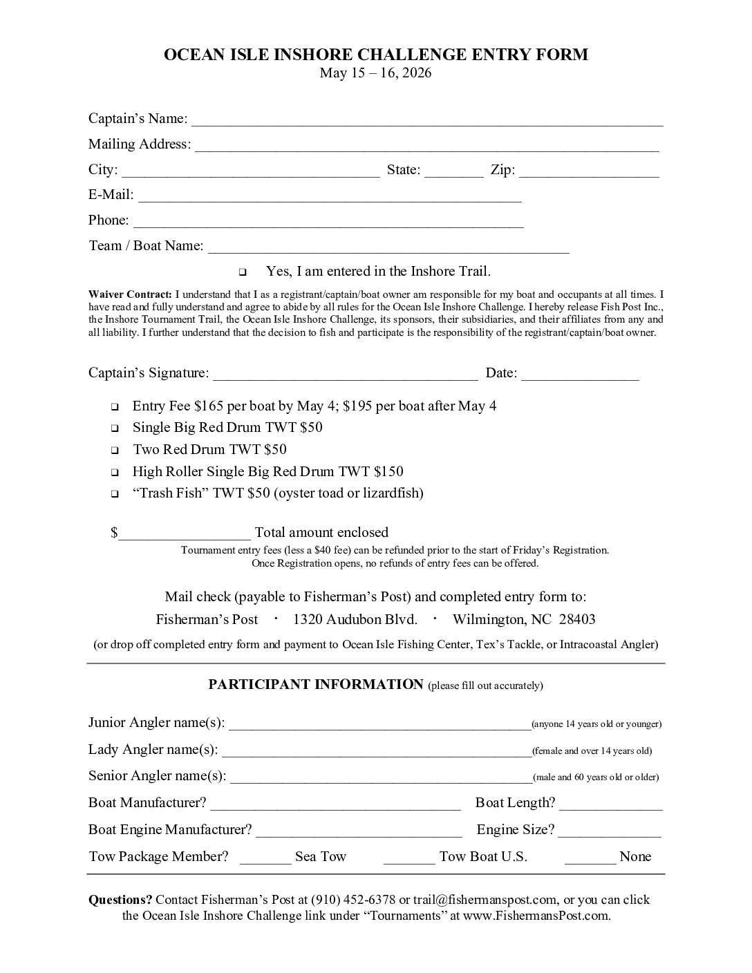 2026 Ocean Isle Inshore Challenge Print Entry Form