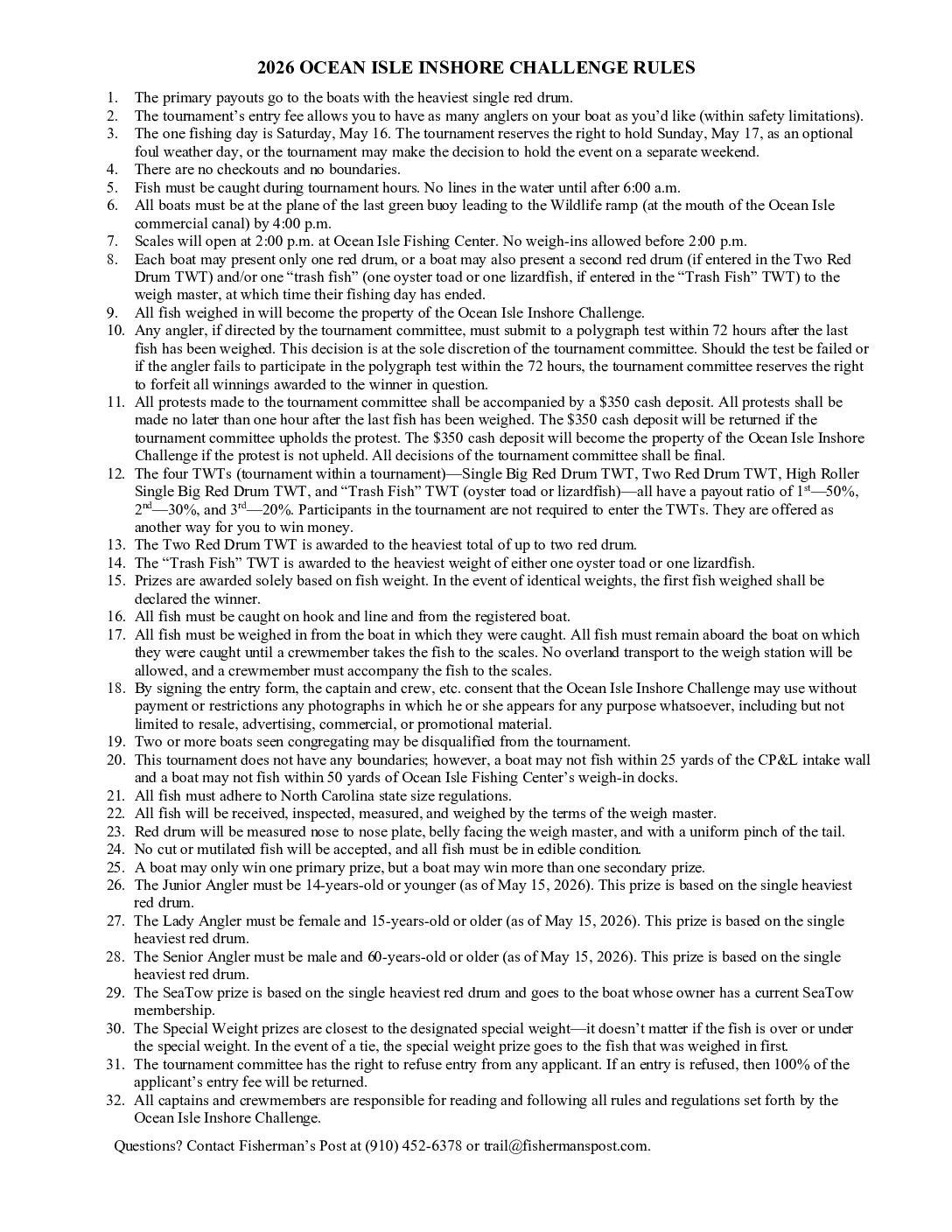 2026 Ocean Isle Inshore Challenge Rules