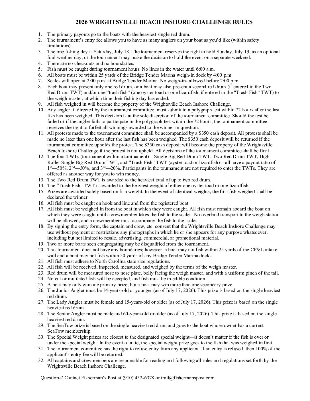2026 Wrightsville Beach Inshore Challenge Rules
