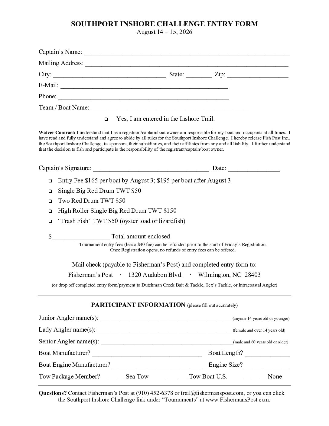 2026 Southport Inshore Challenge Print Entry Form