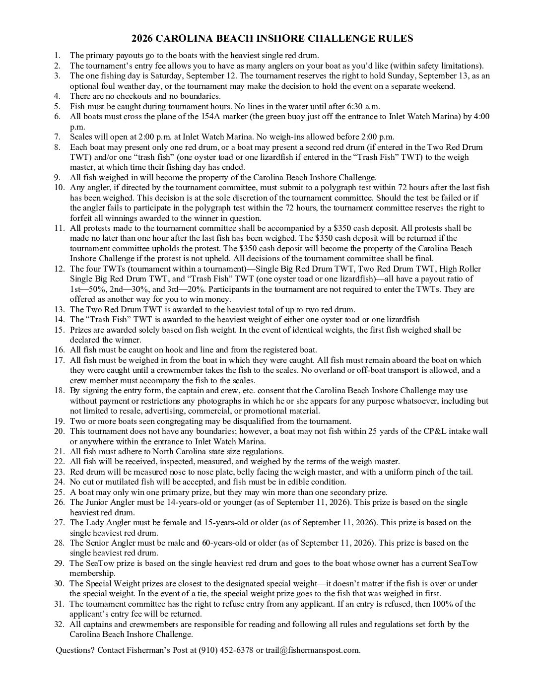 2026 Carolina Beach Inshore Challenge Rules