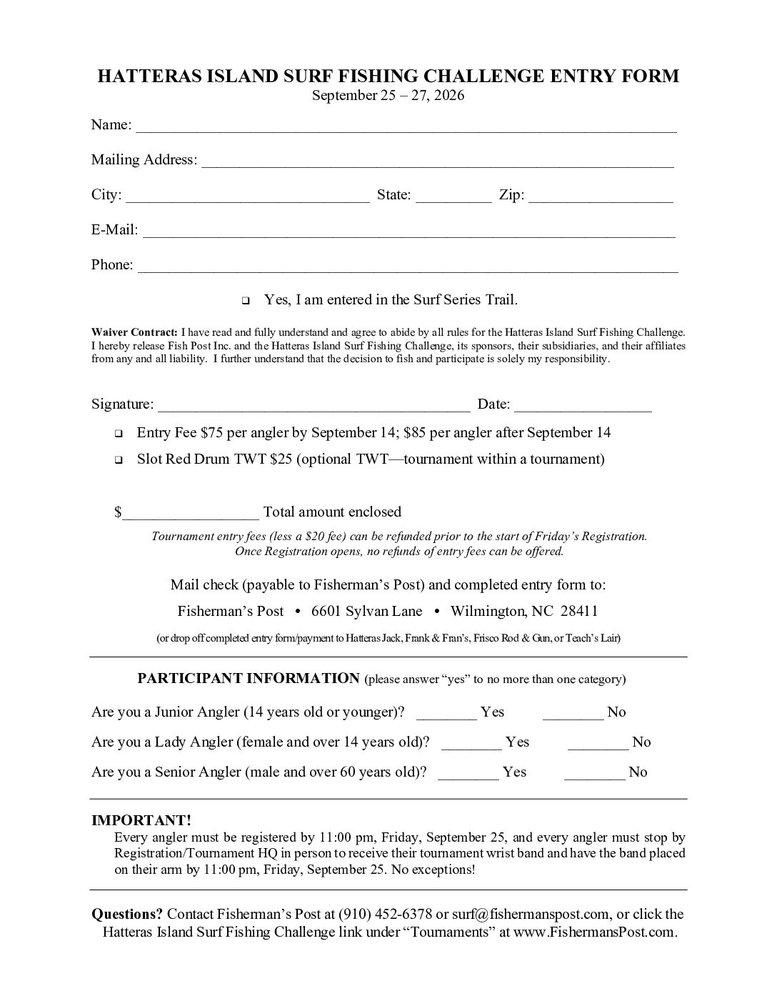 2026 Hatteras Island Surf Fishing Challenge Print Entry Form