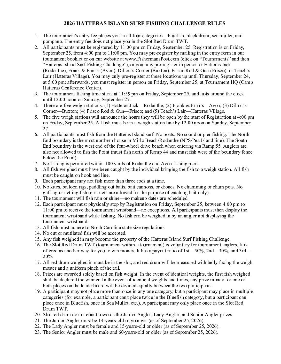 2026 Hatteras Island Surf Fishing Challenge Rules