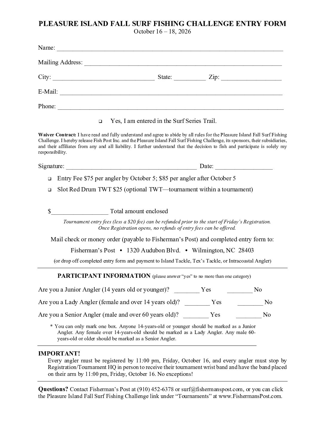 2026 Pleasure Island Surf Fishing Challenge Print Entry Form