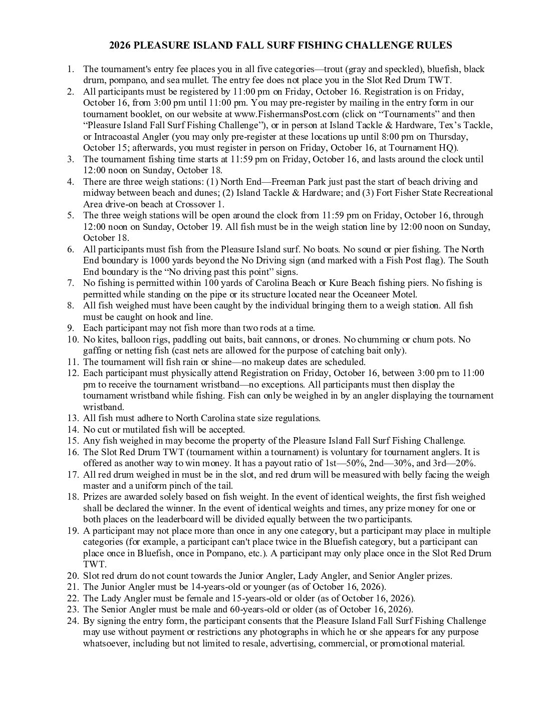 2026 Pleasure Island Surf Fishing Challenge Rules