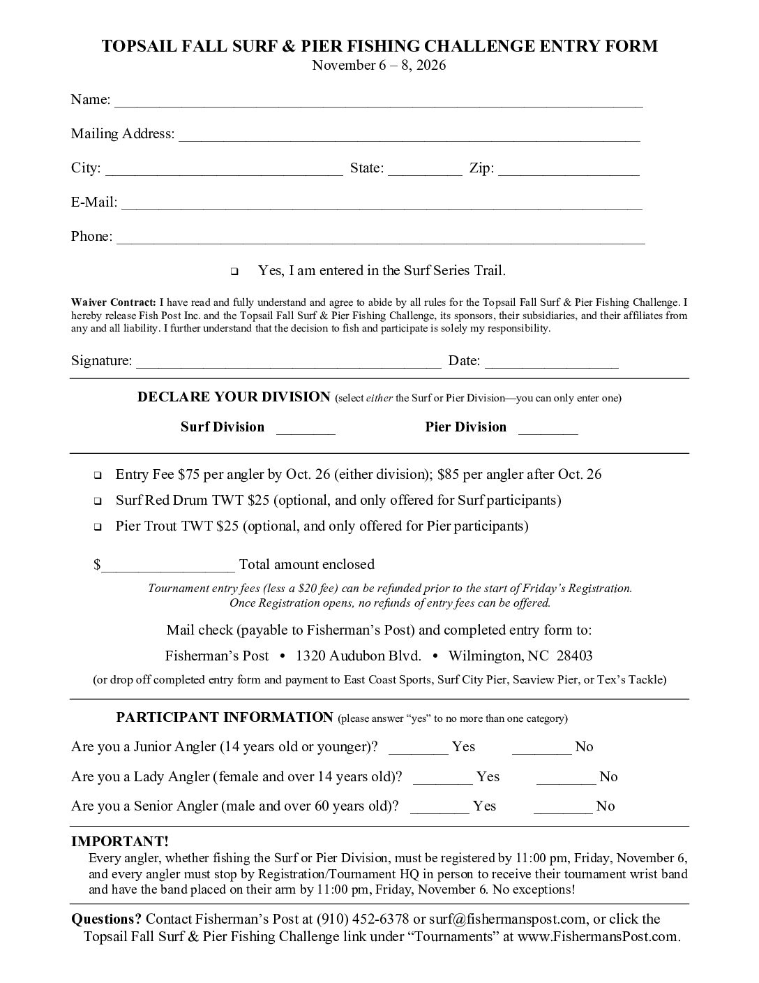 2026 Topsail Fall Surf & Pier Fishing Challenge Print Entry Form