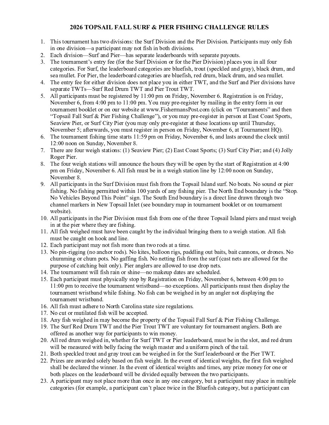 2026 Topsail Fall Surf & Pier Fishing Challenge Rules