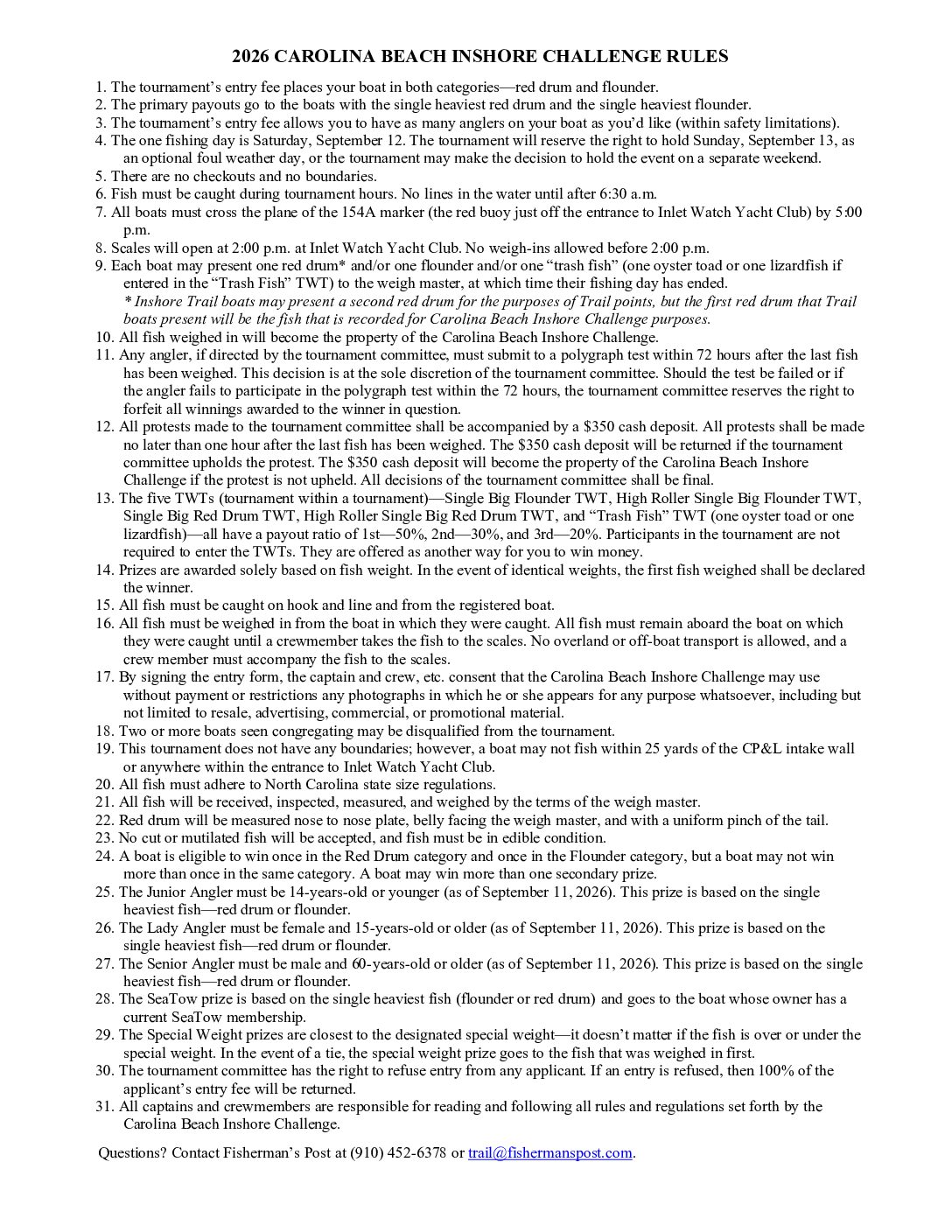 2026 Carolina Beach Inshore Challenge Rules